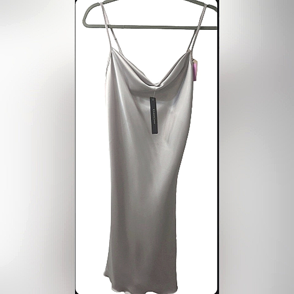 Bebe Satin Cowl Neck slip dress, Silver (M) NWT